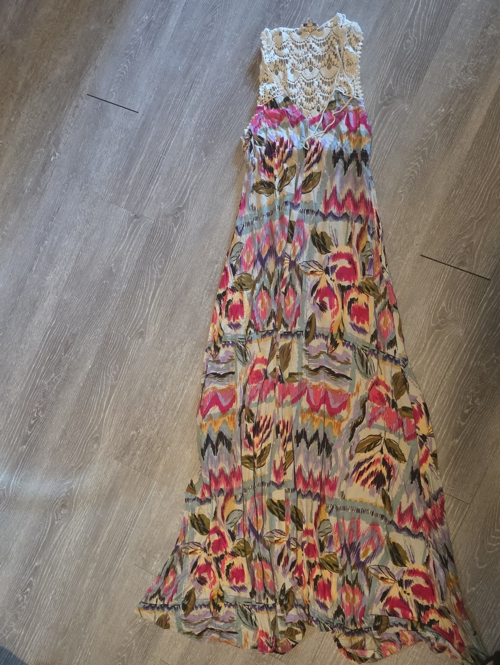 Buffalo David Bitton Cream Lace Top Floral Maxi Dress with Pink and Green Print